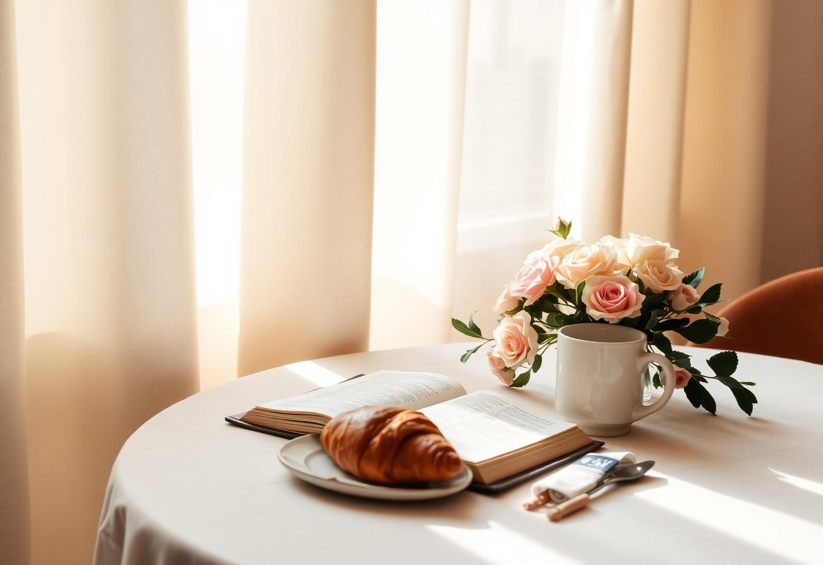 Open Bible, coffee, and fresh flowers on a sunlit brunch table
